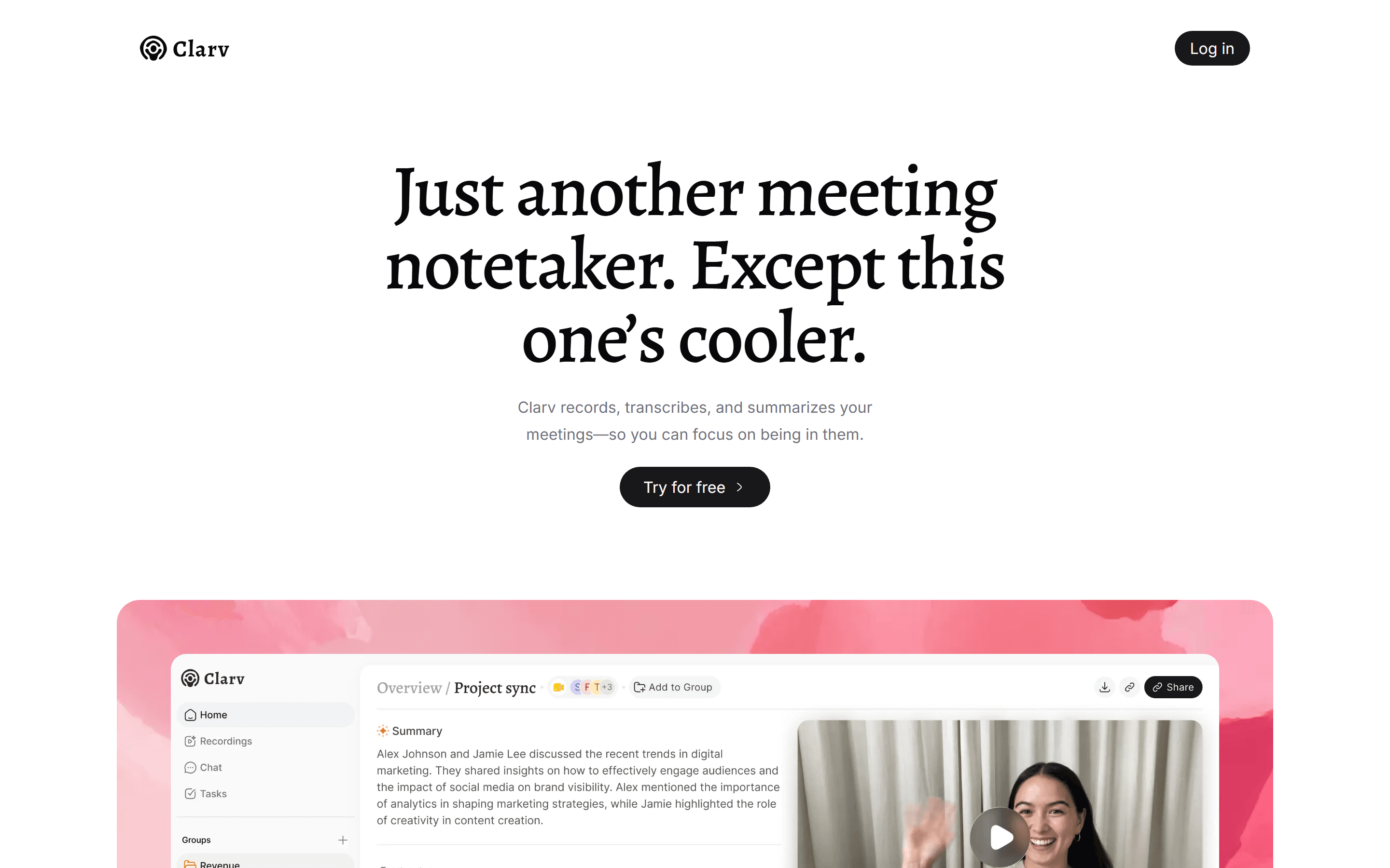 Clarv landing page with the headline “Just another meeting notetaker. Except this one’s cooler.”, a Try for free button and a preview of the app.