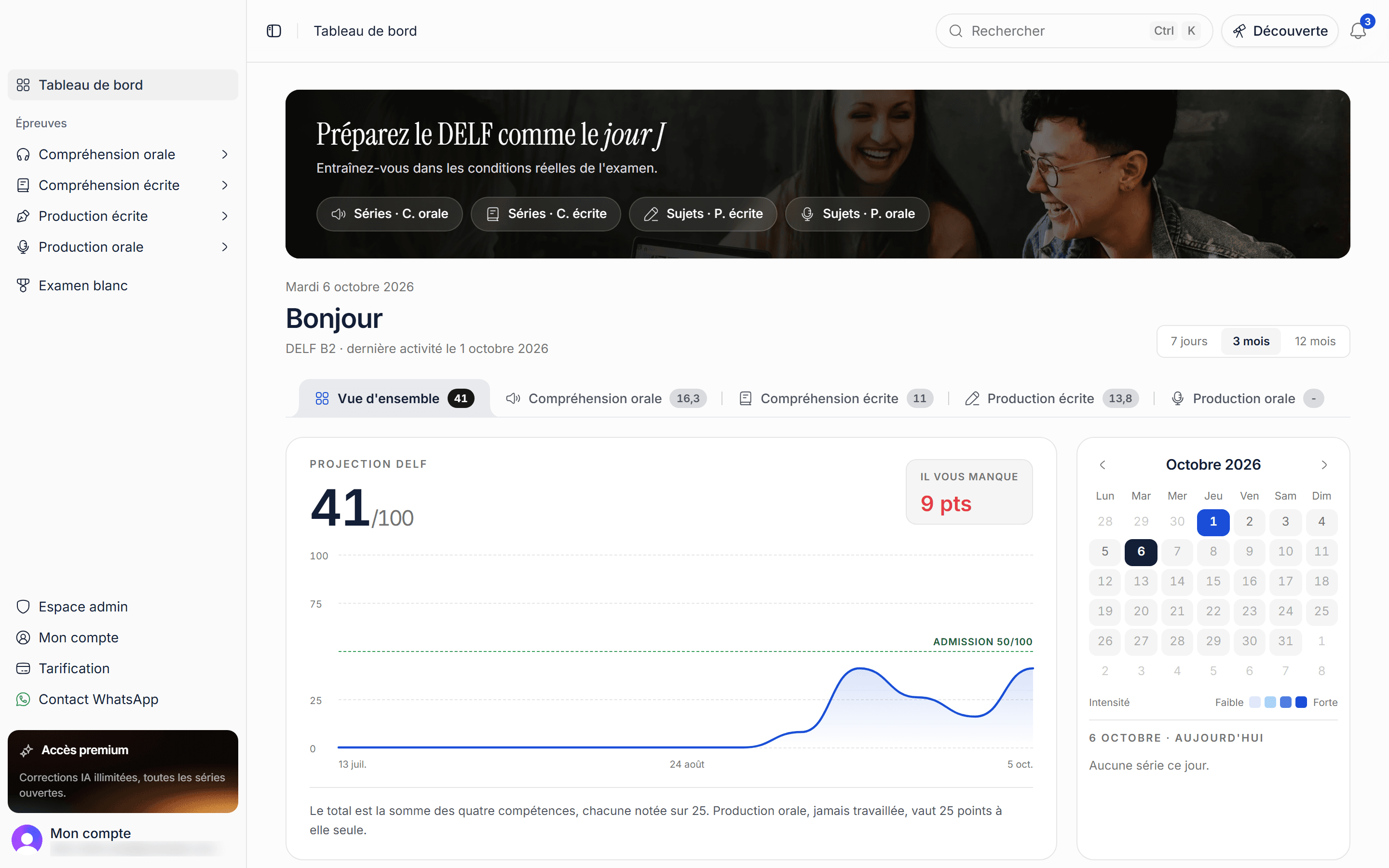 Formation DELF dashboard: a banner reading “Préparez le DELF comme le jour J”, a projected DELF score of 41/100 charted against the 50-point pass line, and a monthly activity calendar.
