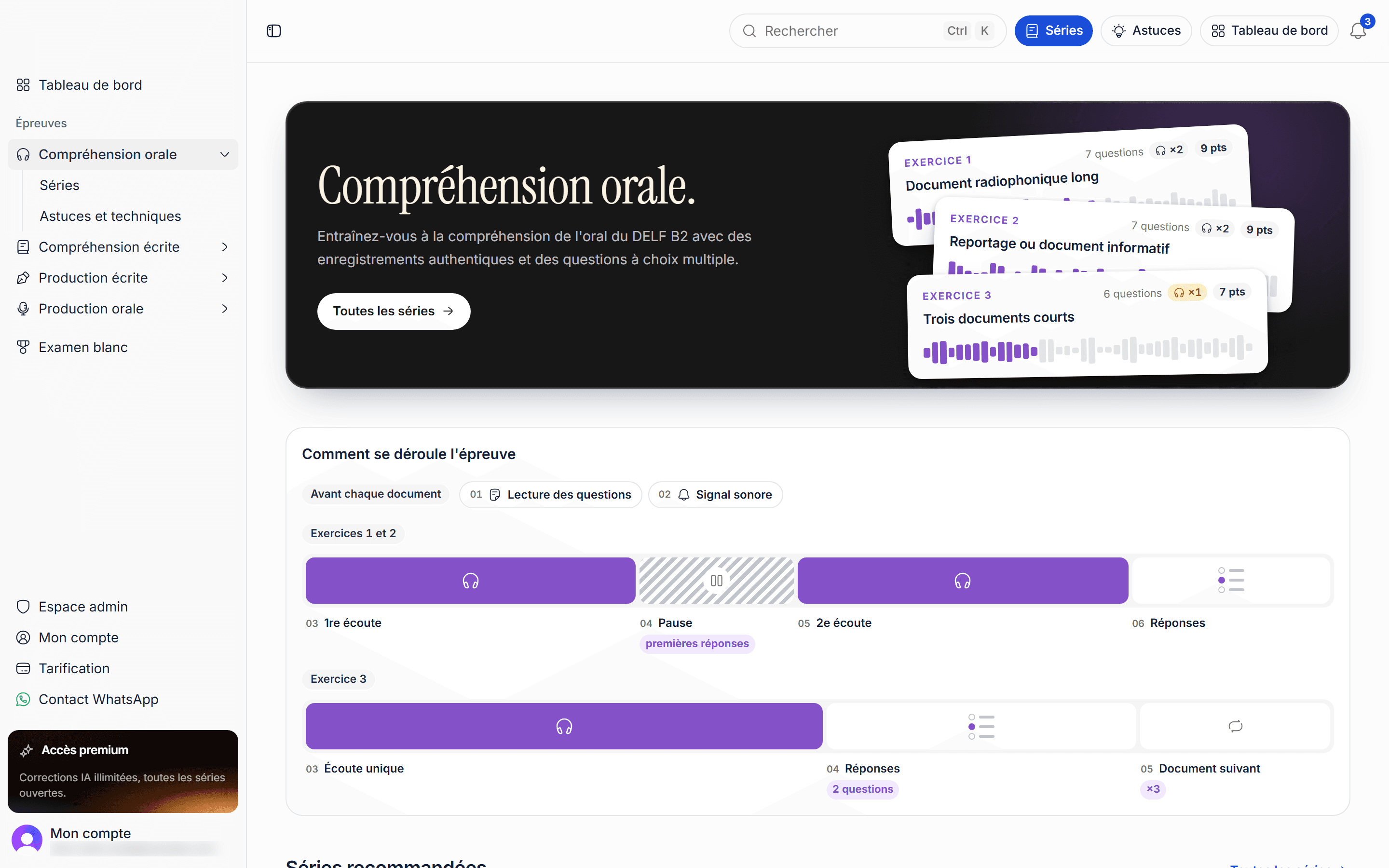 Listening comprehension section: a dark banner with cards for the three exam exercises, above a timeline showing how each part of the exam runs.