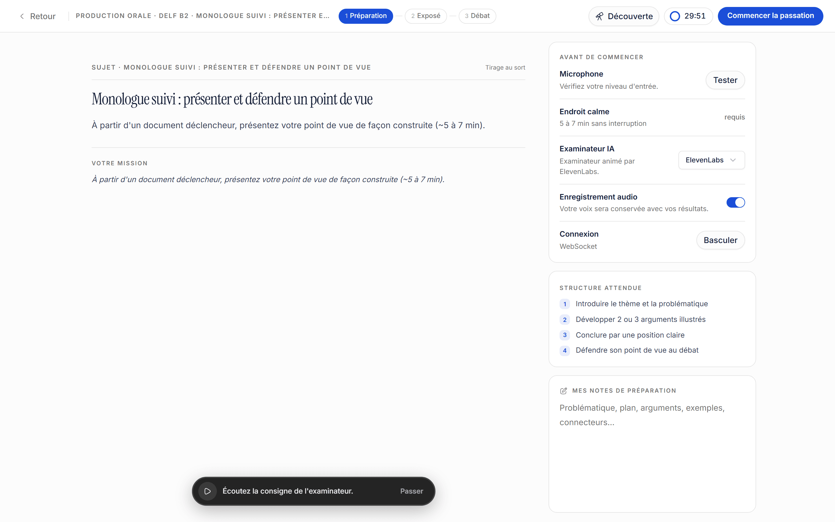 Oral exam preparation screen: the speaking topic and mission on the left, and a checklist with microphone test, AI examiner and audio recording settings on the right.