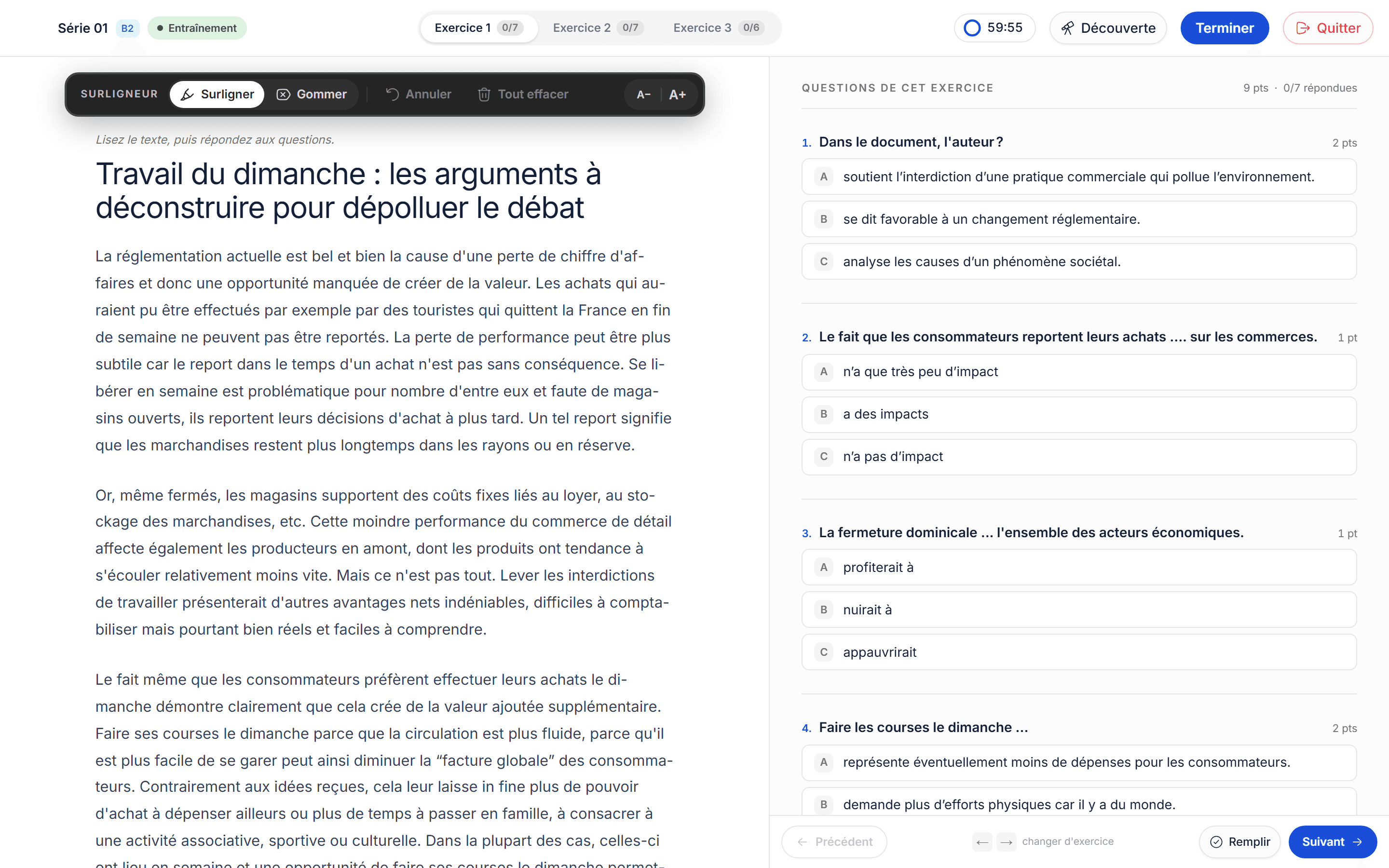 Reading comprehension exercise in exam mode: a French article with a highlighter toolbar on the left, multiple-choice questions on the right, and a timer at the top.