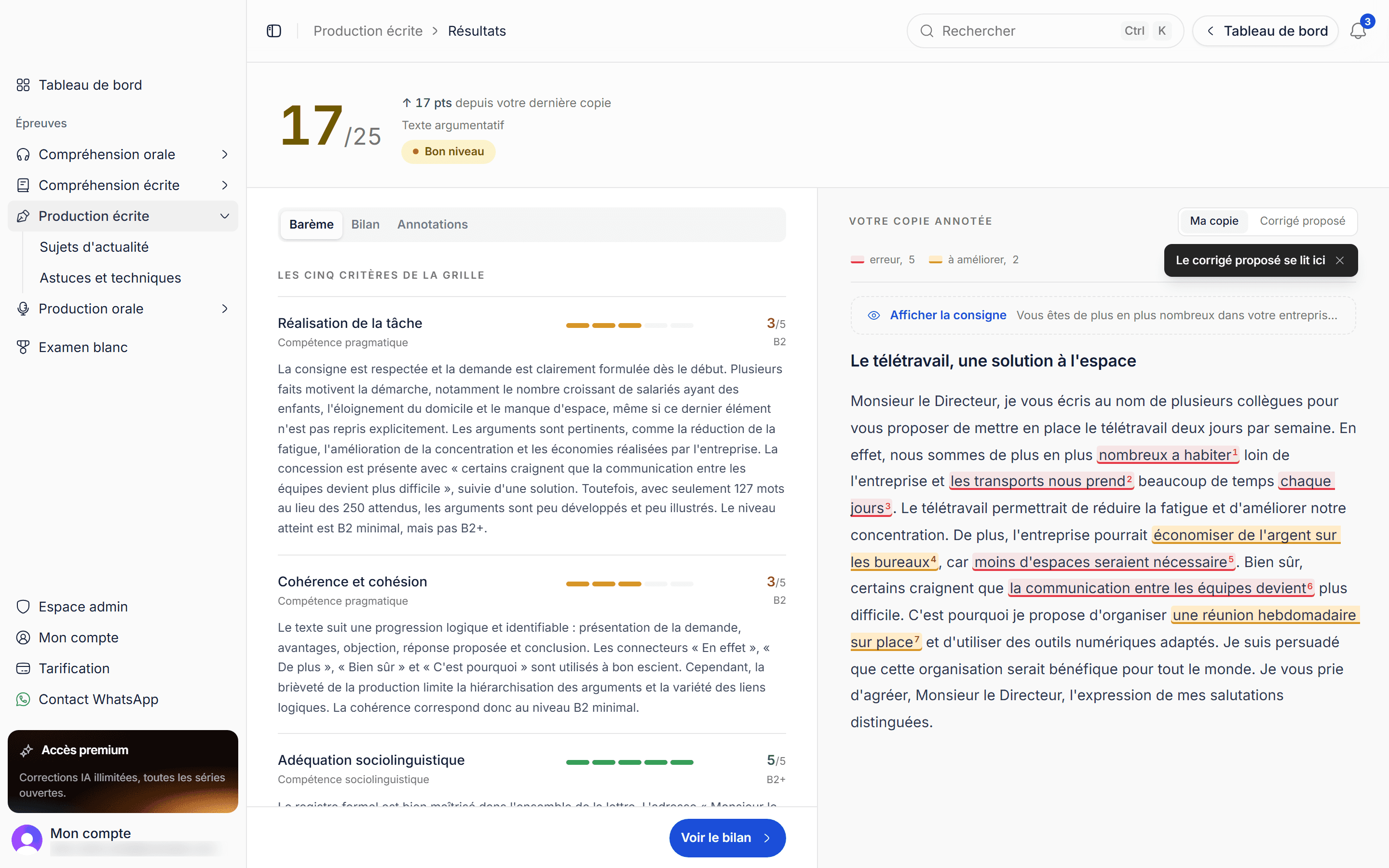 AI correction of a written exam: a score of 17/25 with marks for each criterion of the official grid on the left, and the candidate’s letter annotated with errors and suggestions on the right.