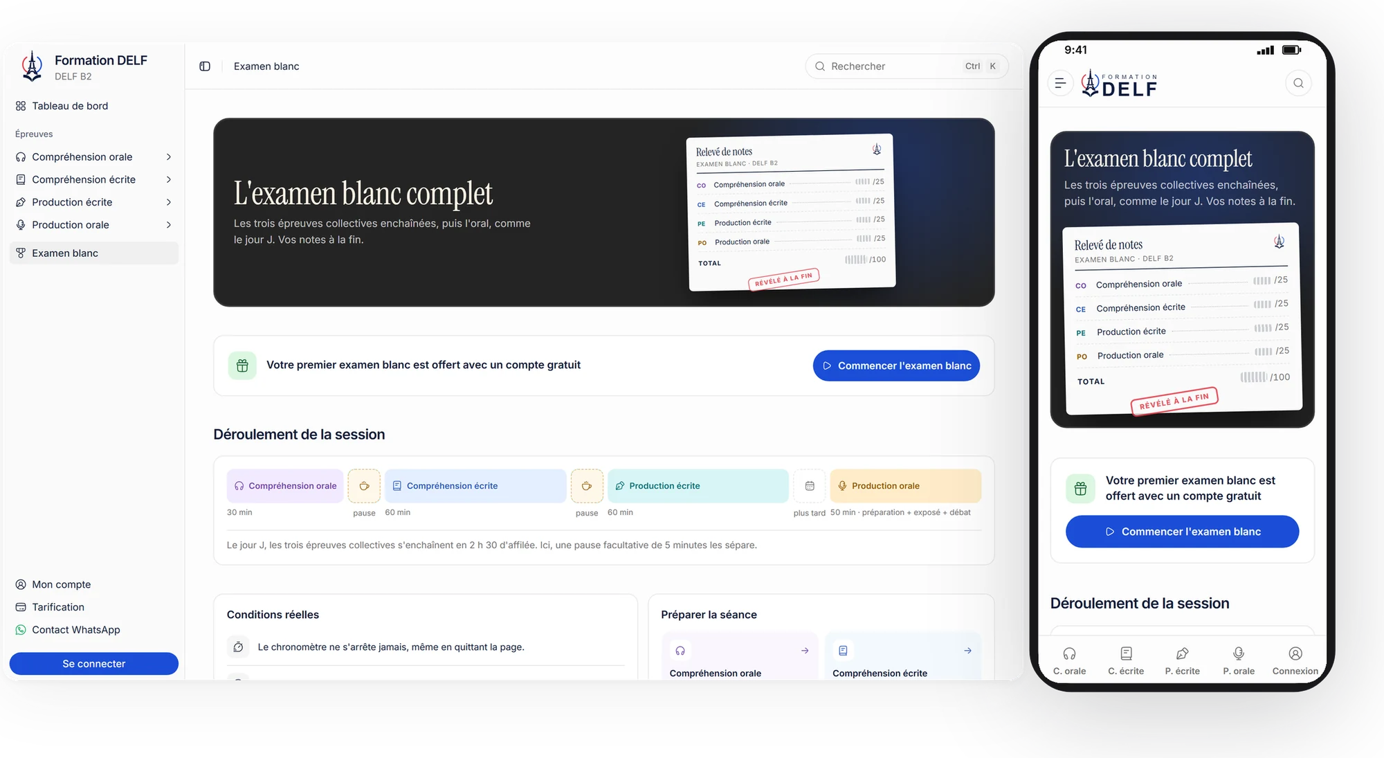 The examen blanc on desktop and phone