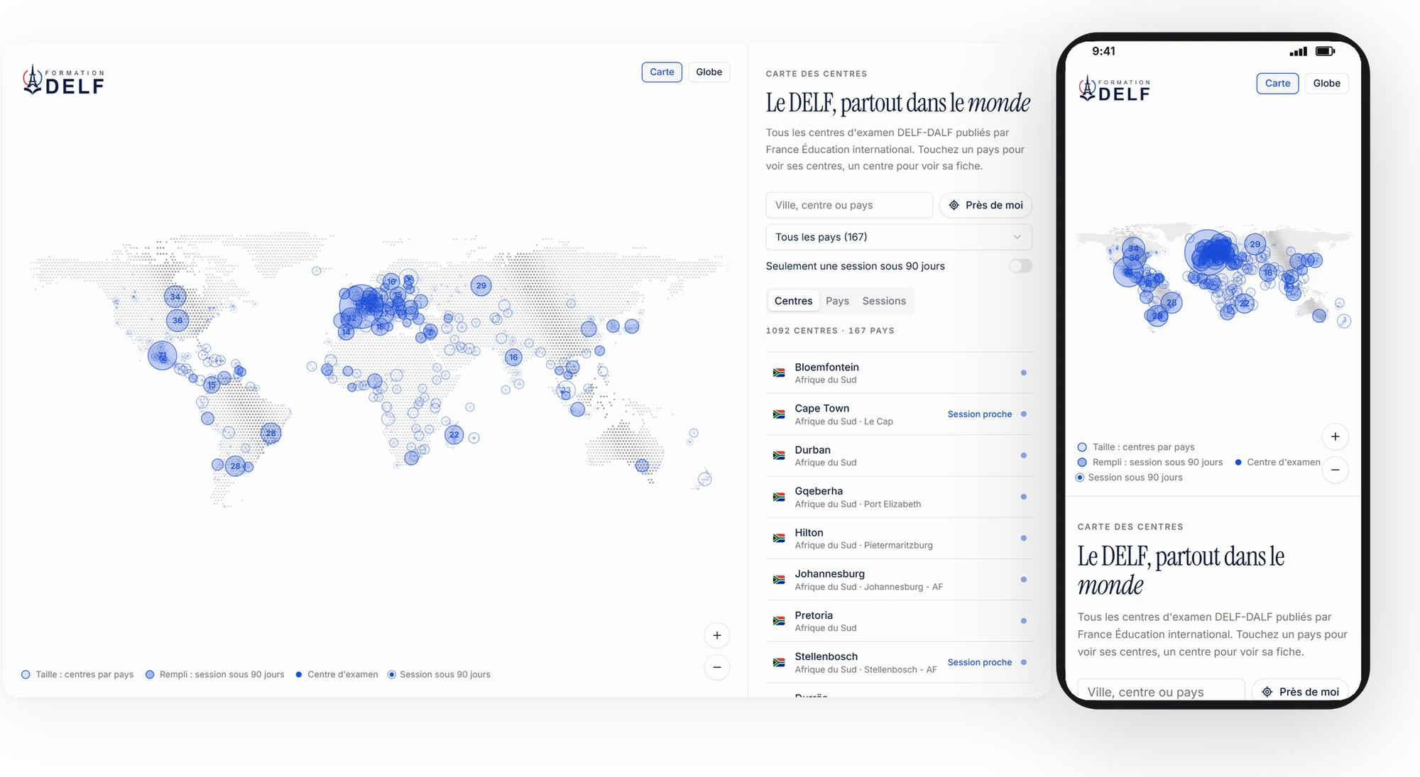 The DELF-DALF exam-centre map on desktop and phone