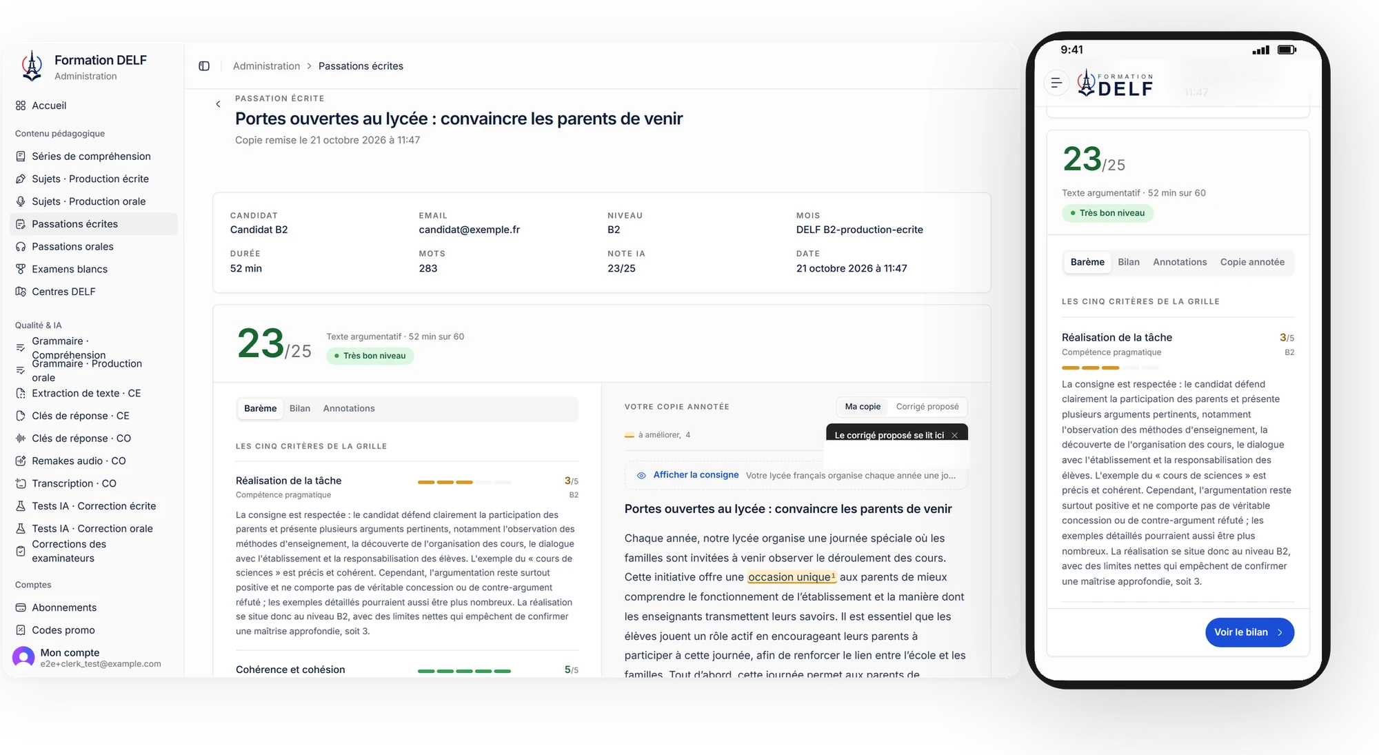A written copy graded 23/25 on desktop and phone