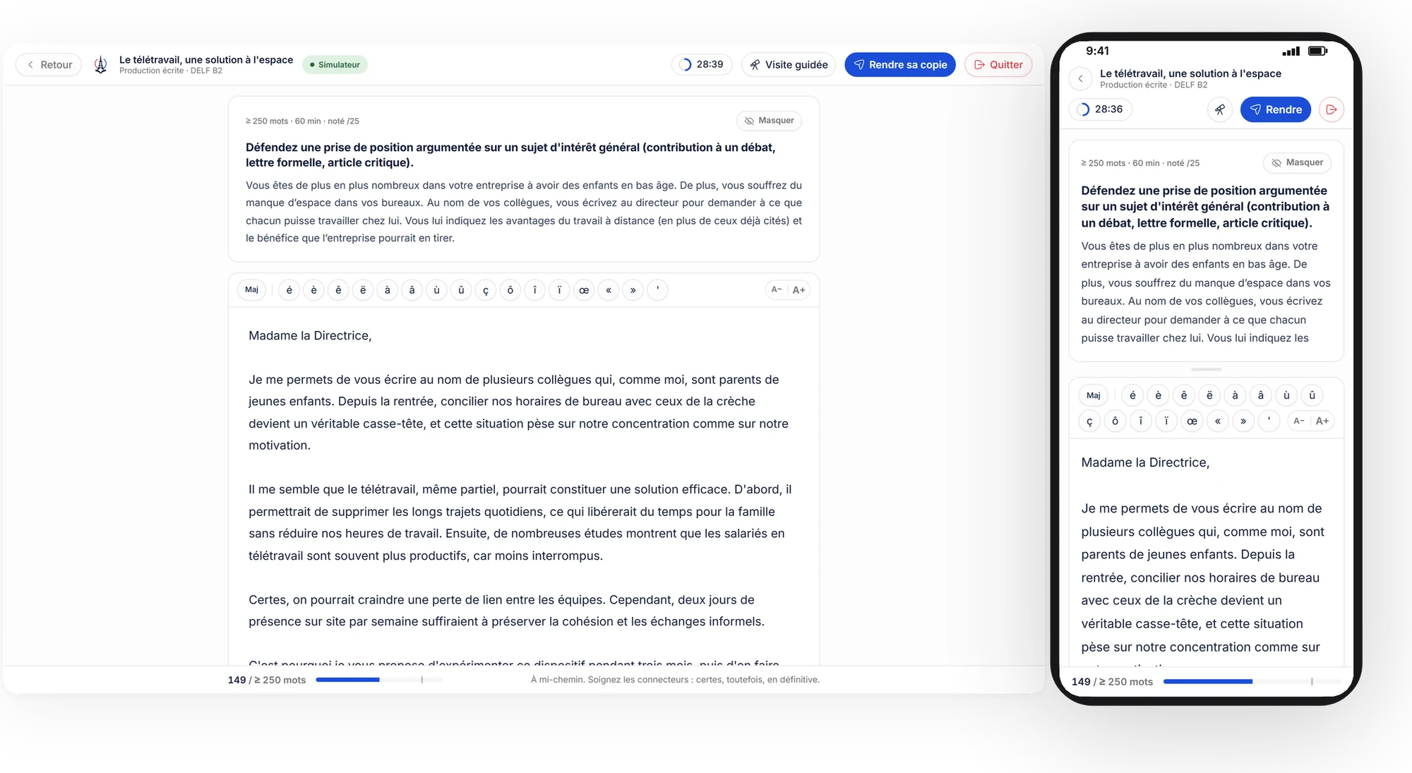 Writing a production écrite under exam conditions on desktop and phone