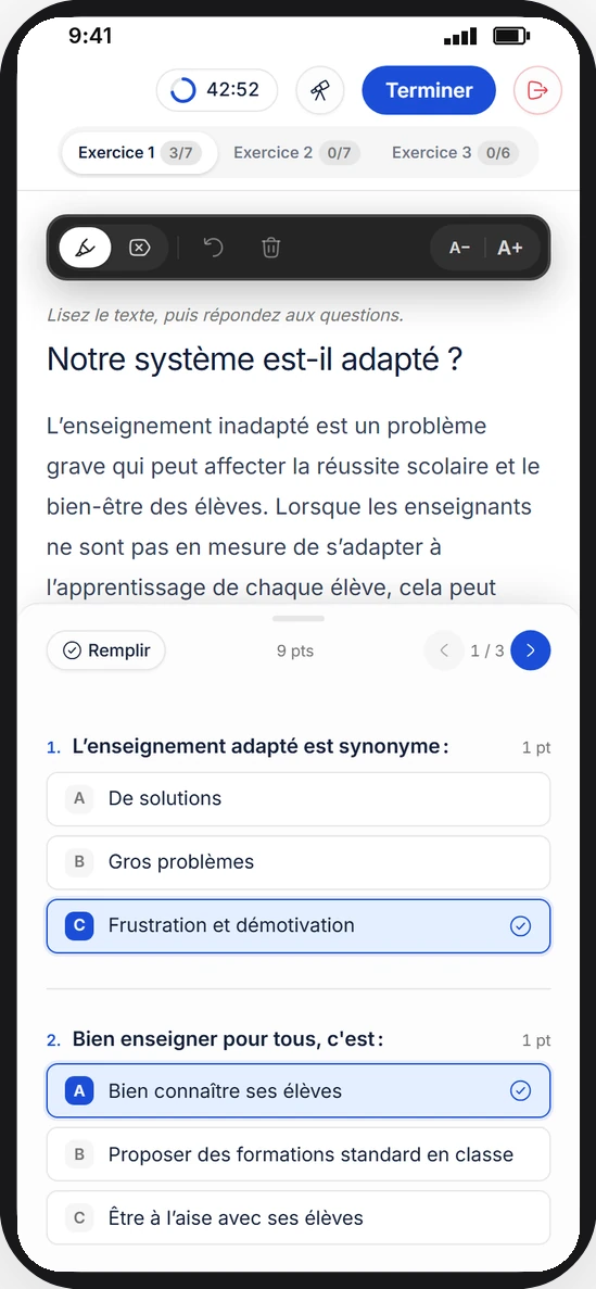 Compréhension écrite, mid-exam on a phone