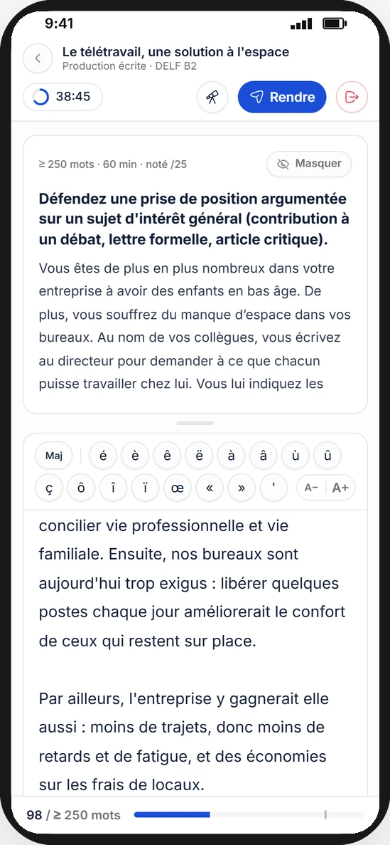 Production écrite, mid-exam on a phone