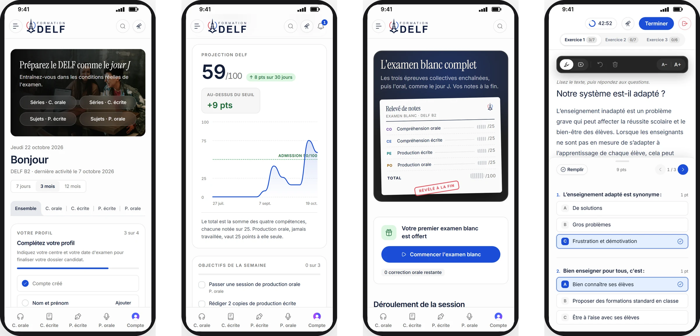 Four Formation DELF screens on phones: the candidate home, the DELF projection, the examen blanc and a reading paper